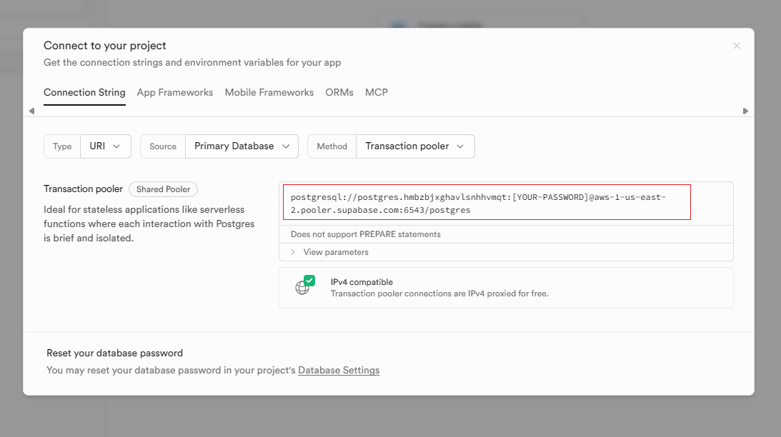 Configuración de Transaction Pooler en Supabase